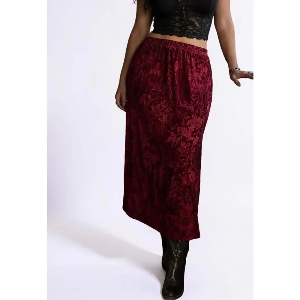 Y2K Draper’s & Damon’s Red Burnout Floral Midi Skirt Petite Large